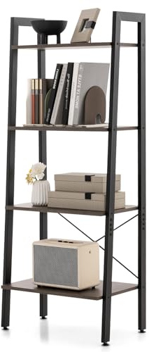 GYMAX Libreria a Scala 4 Ripiani, 56 x 34 x 138 cm, Scaffale Libreria Stile Industriale con Telaio Metallico e Dispositivi Antiribaltamento, per Ufficio Casa Soggiorno Cucina (Marrone Scuro)