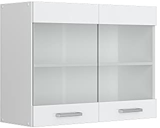 Vicco Hängeschrank R-Line, Weiß Hochglanz, 80 cm mit Glastüren, zur Aufbewahrung von Haushalts- und Gebrauchsgegenständen