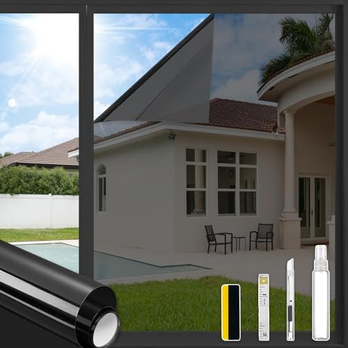ConCus-T One Way Window Film UV Sun Blocker Heat Control Window Tint Privacy Reflective Static Cling Mirror Film Solar Film With Kit for Home Office, Black, 30x200cm