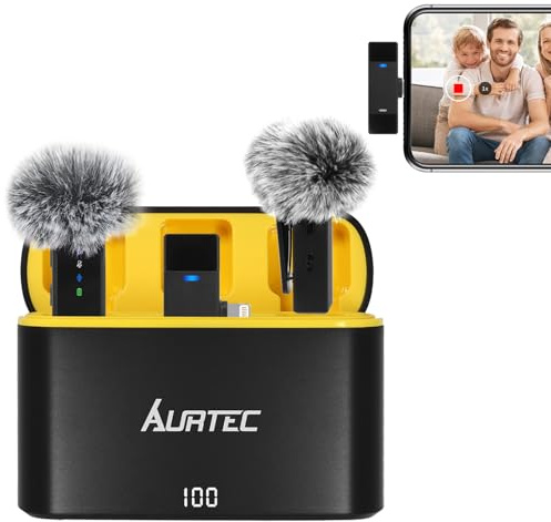 Aurtec Trådlös Lavalier-mikrofon med laddningsfodral med Lightning-port, uppsättning av 2, Plug & Play, 30 m räckvidd, brusreducering och stort batteri