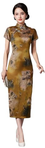 ZNLFS Vestido Cheongsam Tradicional Chino para Mujer con Apertura Lateral, Ajustado, Midi, Cuello Mandarín, Manga Corta Qipao, Amarillo Oscuro, 38