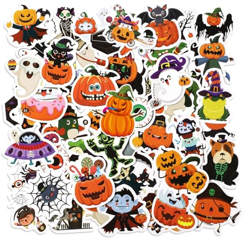 50pcs Non Repeating Halloween Stickers, Waterproof Halloween Cute Stickers Halloween Water Bottle Scrapbook Stickers Spider Pumpkin Ghost Decals for Kids Adults Party Favors Gifts