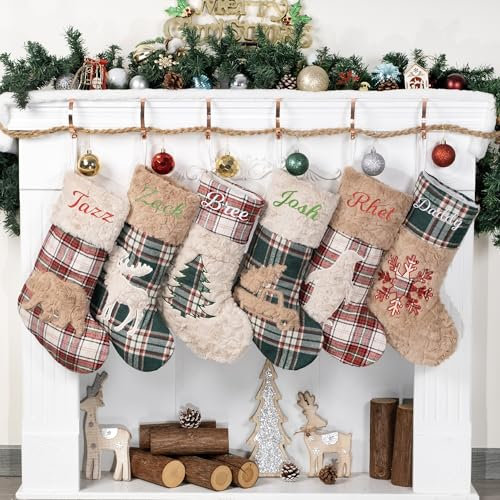 Personalised Christmas Stockings with Name, 1 Pack Extra Large Xmas Stocking with Embroidered lnitial Words, Rustic Farmhouse Fireplace Hanging Ornament Holiday Party Decoration, Plush Grid