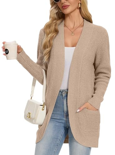 Atxnn Cárdigan Mujer Elegante Waffle Chaqueta de Punto Invierno Delantera Abierta Suéteres con Bolsillos Jersey Cárdigans Cómodo Rebeca Otoño, CAQUIS S