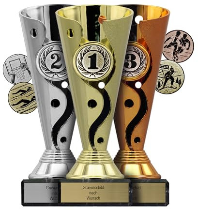 Pokal-Fabrik.de - Pokale 3er Set mit Gravur Wunschtext in Gold, Silber und Bronze - personalisierte Trophäe mit Sport Emblem nach Wahl - 15,5 cm inkl. Marmorsockel - Geschenk-Trophäe | Pokal Kinder