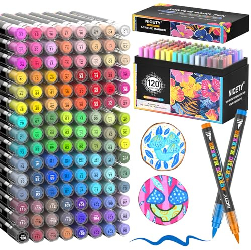 NICETY 120 Rotuladores Acrílicos de Punta Pincel - Set de Marcadores para Pintar sobre Piedra, Madera, Cerámica, Cristal - No Tóxicos, Punta Flexible 1-6mm - Para Adultos, Artistas y Principiantes