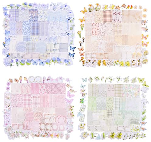 Vintage Floral Scrapbook Papier/Journaling Aufkleber (400pcs) Sortiertes Set pro 4-Pack Junk Journal Supplies für Bullet Journaling, Retro Handwerk, Planer, gemischte Medien, Collage Card Album