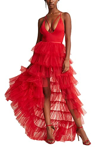 Women Sexy Sheer Mesh Long Skirts High Waist See-Through Maxi Skirts Solid Color Flowy Tulle A Line Party Skirts (B-Red, ONE Size)