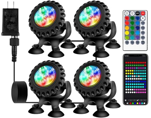 HOSPAOP Teichbeleuchtung Unterwasser Licht Pool LED, Poolbeleuchtung mit Fernbedienung, Bluetooth APP, RGB, IP68 Wasserdicht und Saugnapf für Pool Wasserfall Gartenteich Aquarium Beleuchtung (4 in 1)