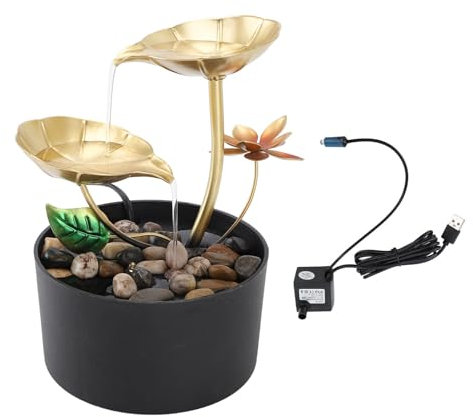 Aladeno Fontana da Tavolo USB Fontana da Tavolo per Interni Fontana a Circolazione di Loto in Metallo a 2 Livelli Luce Calda Flussi Regolabili Fontana da Tavolo Loto con Rocce di