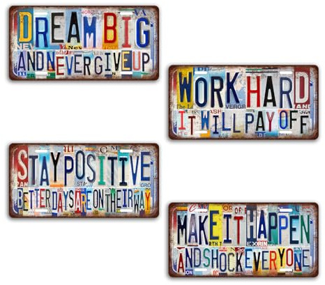 JBYMsign Vintage Wall Decor License Plate Metal Sign Tin Signs Poster - Dream Big Work Hard Stay Positive Make it Happen - 4 PCS