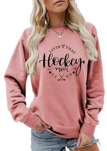 Women's Sweatshirt Living That Hockey Mom Life Letter Print Long Sleeve Crew Neck Pullover Top Mom Sport Casual Shirt Small