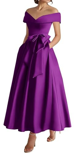 Robe de mère de la mariée en satin à épaules dénudées Longueur thé Robe d'invité de mariage formelle avec nœud, violet, 44