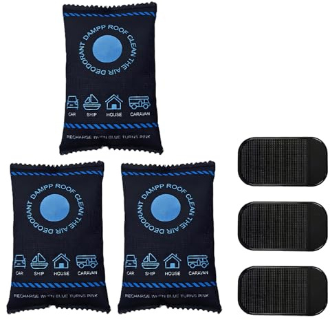 KIKAWORD 3 Pcs Car Dehumidifier Bag,Car Dehumidifier Bag Reusable Moisture and Damp Absorber for Windscreens and Interior,with 3 Pcs Dashboard Anti-Slip Mat（ 200g/Pack）