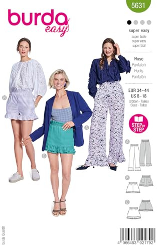 Burda Easy - Cartamodello di carta per pantaloni e pantaloncini, taglia 34-44, super facile