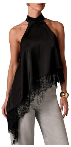 Alaurbeauty Y2K - Camiseta sin mangas para mujer, con dobladillo de encaje asimétrico, cuello alto y encaje, Negro , S