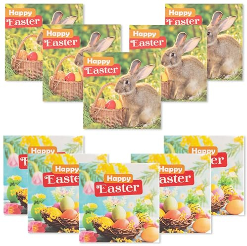 Paquete de 10 tarjetas de felicitación de Pascua con sobres, cuadradas de 14 x 14 cm, interior en blanco, temas religiosos y alegres diseñados en el Reino Unido (conejo)