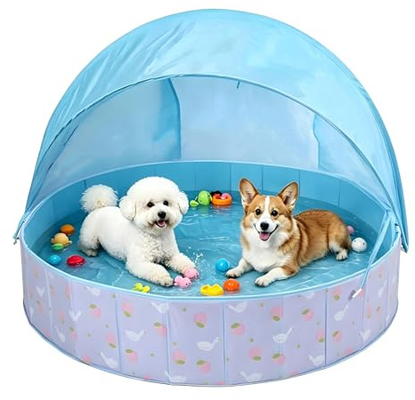 Piscina pieghevole per cani con tettuccio parasole, 120 x 30 cm, vasca da bagno per cani con valvola di scarico, antiscivolo, in PVC ispessito, per cani di taglia grande e bambini, piscina portatile