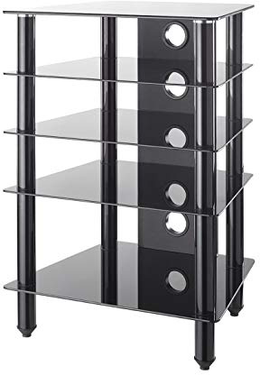 MMT Furniture Designs Black 5 Shelf Hi Fi Stand Rack 500mm Deep Glass Shelves To Hold AV Separates