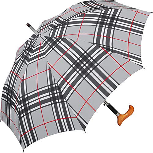 happy rain selection Automatik-Stützschirm mit Fritzgriff aus Holz - Grau-Kariert (86 cm)
