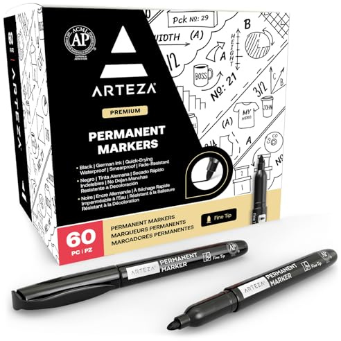 ARTEZA Permanent Markers Black, Bulk Set of 60, Fine Tip, Waterproof