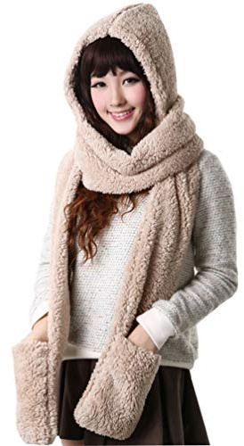 Alltops 3 in 1 Women Hooded Scarf With Mittens Neckwarmer Hoodie Pocket Hat