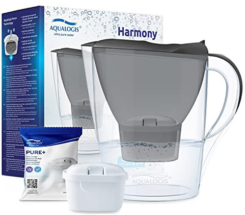 Aqualogis Harmony - Jarra con filtro de agua para frigorífico (2,6 L, para reducción de microplásticos, escamas, cloro, sabor y olor, sin BPA, modelo de filtro de repuesto: Pure+), grafito