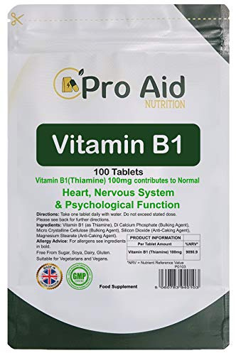 Vitamin B1 Thiamine 100mg Tablets 100 Pack by ProAid | Heart Health, Nervous System Support, Immune Health| Made in UK | Premium Tablets