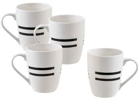 UNITED COLORS OF BENETTON. Black &b White | Tassen aus Porzellan | 4 Kaffeetassen je 360 ml | Sehr Haltbar und Robust | Porzellan Tassen Spülmaschinenfest | Weiß und Gestreift