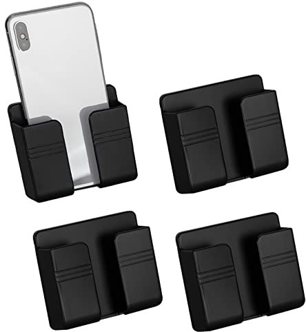 CIOUYAOS 4PCS Wall Mount Phone Holder with Adhesive, Charging Stand Holders with Data Cable Receiving Hole, Multipurpose Control Storage Box for Waterproof Shower, Bed, Bedside Shelf (Black)