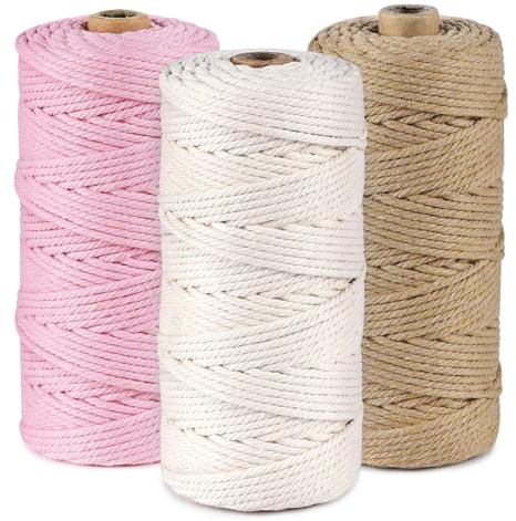 ilauke 3mm Macrame Cord, 3 Roll Garden Twine, 300m Cotton Rope Craft String, Natural Cotton Cord for Projects, Wall Hanging, Plant Hangers, 4-ply (Pink, Beige, Yellow)