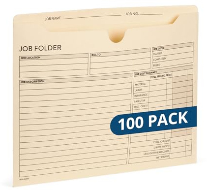 100 Blue Summit Supplies Job Folders Construction, 10 x 12 Inches, Project Folders with Preprinting for Job Tracking, Manila Job Folders File Jacket – 100 Folders