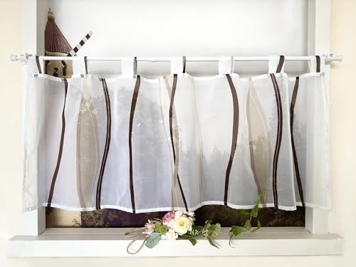 Devola Scheibengardine mit Wellenmuster Gardine Druck Kurzstore mit Schlaufen Küchengardine Kurz Modern Voile Bistrogardine Transparent HxB 45x60cm Kaffee 1 Stück
