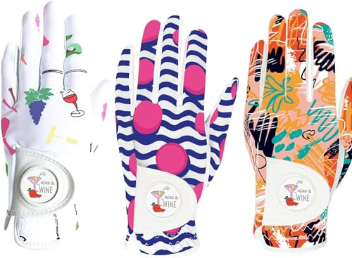 AXKAL Golf Gloves Women Right Handed Golfer Left Hand with Ball Marker 3 Pack, Ladies Breathable Soft All Weather Grip Printed Pattern Colored Glove (Medium, Worn On Left Hand,3 Pack Full Finger)