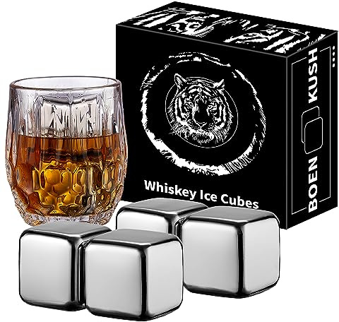 Piedras para whisky – 4 grandes 64 cm³ reutilizables de acero inoxidable de metal cubitos de hielo bebidas frías para vino tinto, cerveza, whisky escocés, bebidas de vodka – Set de regalo para hombres