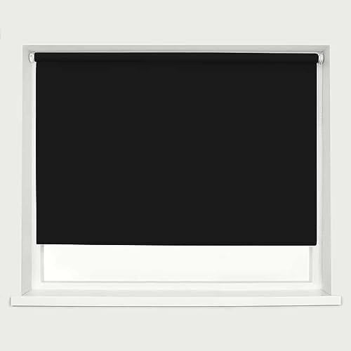 Black Blackout Roller Blind Metal Fittings Trimmable UV Protection Thermal Properties Premium Fabric Home Office Bedroom Kids Room Child Safe Easy Fit 150cm Width x 210cm Drop