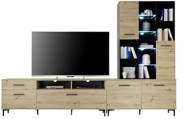 AVANTI TRENDSTORE - Cairate - Moderna parete da soggiorno in legno laminato in stile quercia artigianale e nero, perfetta per ogni salotto. Dimensioni LAP ca. 300x199x38cm