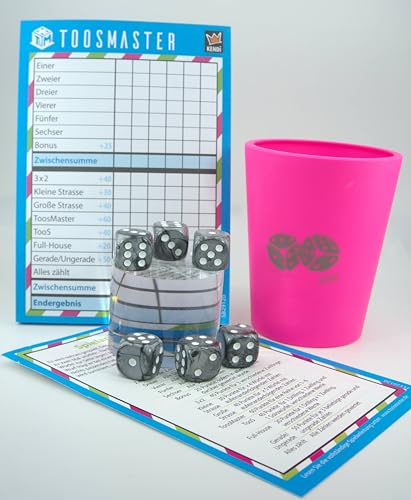 KENDi GAMES Gobelets à dés, en plastique souple, rose, Good Luck, 6 cubes, guide de démarrage rapide (français non garanti)