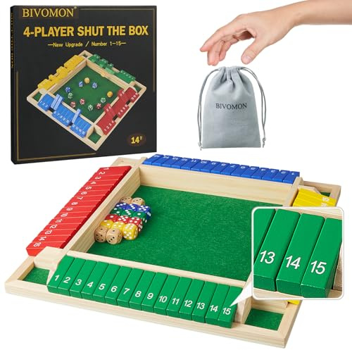 BIVOMON Upgrade Shut The Box Dice Game 1-4 Player, Wooden Board Table Math Games with 16 Dices, Classics Tabletop Version Games for Kids & Adults, Home, Classroom, Party or Pub (14 Inches)