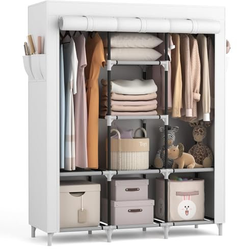 Vicye Kleiderschrank,Stoffschrank Groß mit 2 Kleiderstange und 8 Ablagen,Faltbarer Kleiderschränke mit Überzug, Tragbarer Garderobenschrank für Ankleidezimmer Schlafzimmer (Weiß 124 x 42 x 162 cm)