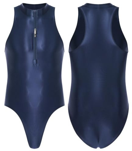 QIANGYTHENKO Herren-Badeanzug, Bademode, Doppelreißverschluss vorne, Gymnastikanzug zum Schwimmen, einteilig, glänzend, ärmellos, marineblau, Einheitsgröße
