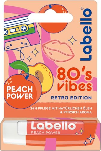 Labello Peach Power 80's Vibes Retro Edition, duftender Lippenpflegestift mit natürlichen Ölen und Pfirsicharoma, pflegender Lippenbalsam mit zartem Glanz (4,8 g)