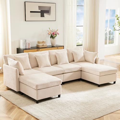 Zepneiy Grande divano a 3 posti a forma di U, design moderno, poltrona imbottita con poggiapiedi estraibile, mobile da salotto per la casa, ciniglia beige