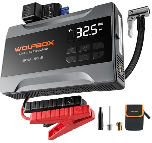 WOLFBOX 2000A Jump Starter Power Pack with Air Compressor 150PSI, MV10Air | 5L Petrol / 3L Diesel, 4-in-1, 12V Jump Pack with Boost, 10000mAh, Portable Tyre Inflator, LED Torch, Power Bank