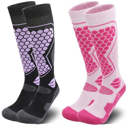Toivize 2 Pares Calcetines de Esquí Mujer 34-38 de Lana Merino, Calcetines Térmicos Invierno Gruesos y Transpirables, Calcetines Altos Cálidos para Esquí, Snowboard, Senderismo y Trekking