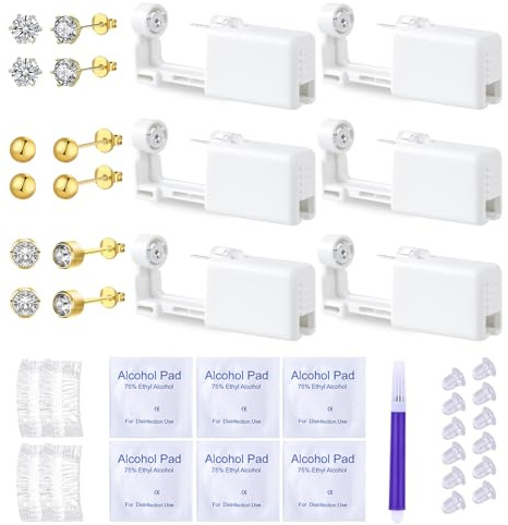 CUEMOON Set di 6 piercing usa e getta, orecchini di sicurezza fai da te, fori per le orecchie, per ragazze, donne e uomini (motivo oro, 4 mm), 4mm, plastica e acciaio inox, plastica e acciaio inox