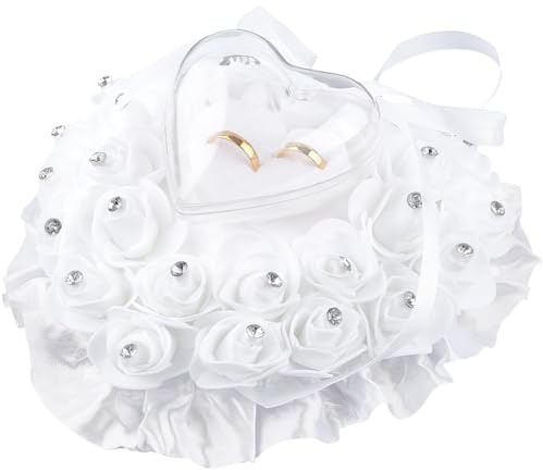 CREATCABIN Almohada de Corazón para Anillos de Boda Soporte para Anillos Lazo de Encaje Blanco Rosa Flor Diamantes de Imitación Caja Cojín para Boda Fiesta Aniversario Ceremonia Propuesta 17.5 x 19cm