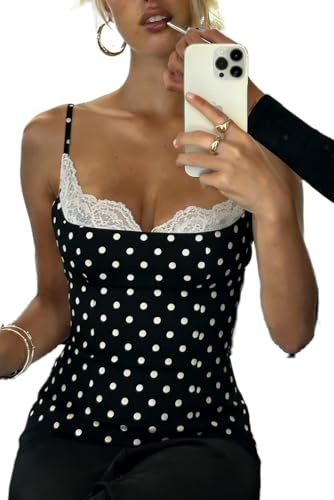 Barbotimer Women Lace Trim Satin Cami Top Y2K Polka Dot Spaghetti Strap Backless Hook Back Corset Crop Tops Silk Going Out Tops