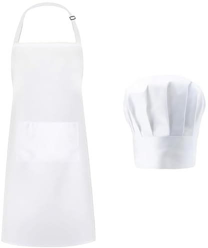 Nexaflow Chef Delantal, Delantal De Cocina Gorro Cocinero,Ajustables,Blanco | Delantal de Chef Blanco Ajustable, con Bolsillos, para Barbacoa Cocinar Hornear Jardinería Restaurante