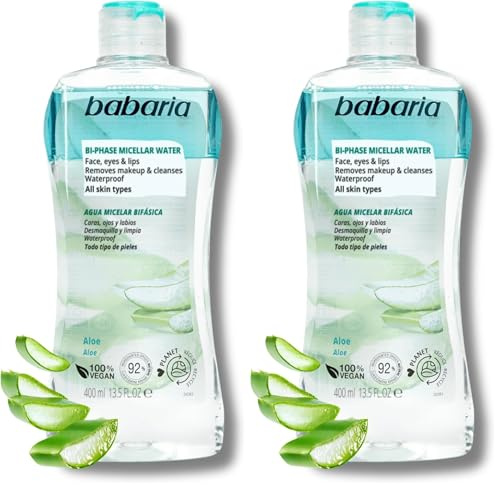 Babaria - Agua Micelar Suave con Aloe Vera 200ml, Desmaquillador Ojos, Cara Y Labios, Elimina el maquillaje y las impurezas en la piel, Apto para todo tipo de pieles (Paquete de 2)